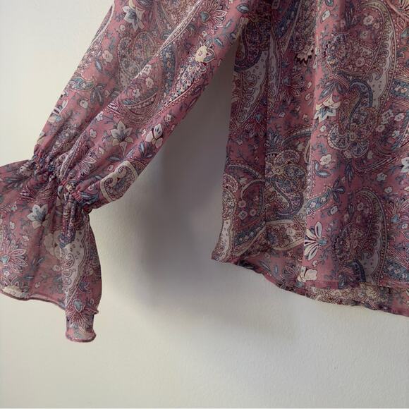 Show Me Your MuMu Sheer Long Sleeve Peasant Top Floral Paisley Lace Up Neckline - Picture 7 of 13